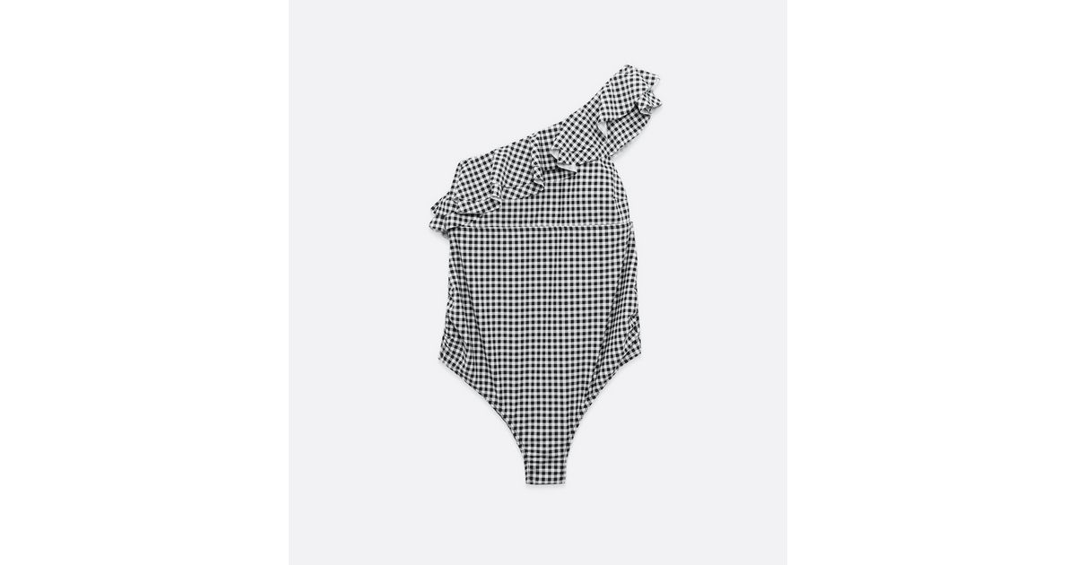 Maternity Black Check Ruffle One Shoulder Swimsuit New Look