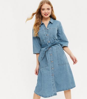 Blue belted clearance midi denim dress