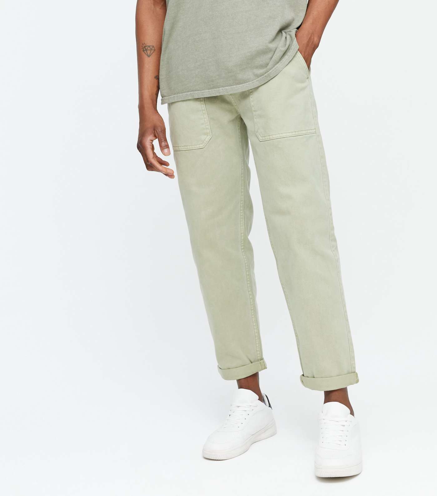 Green Cuffed Straight Fit Cargo Trousers Image 2
