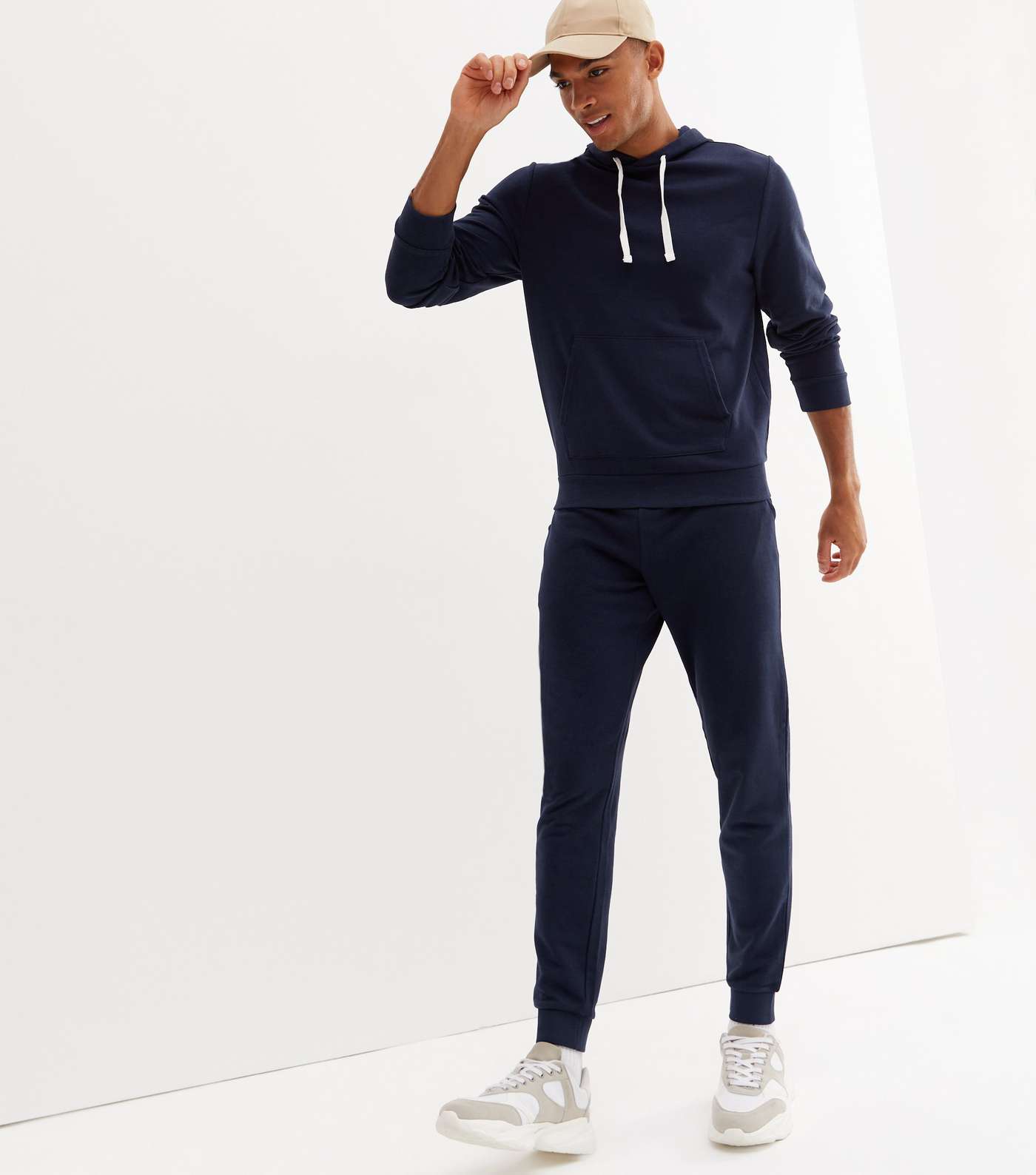 Navy Jersey Pocket Front Long Sleeve Hoodie Image 2