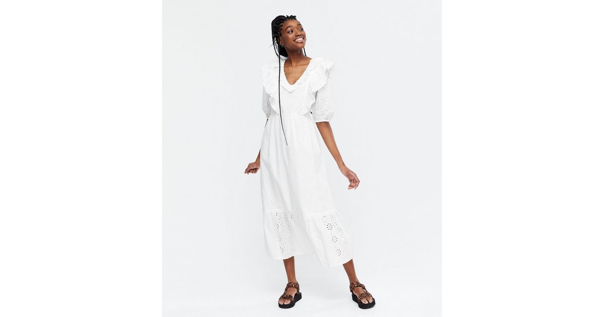 White Broderie Frill Midi Dress | New Look