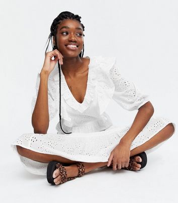 White Broderie Frill Midi Dress | New Look