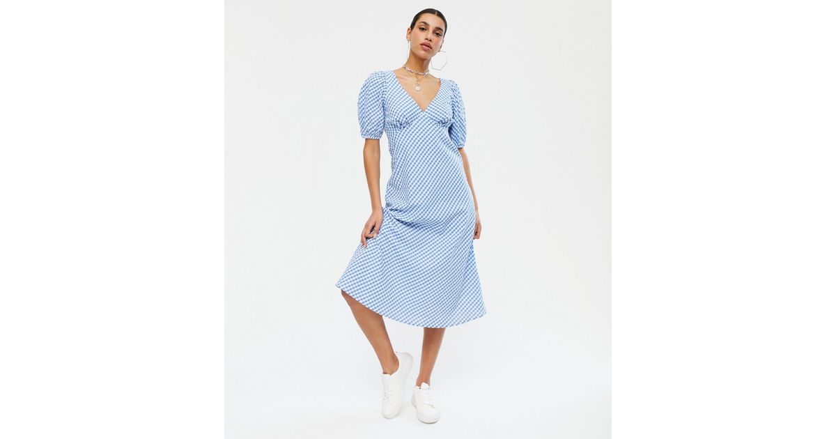 Blue Check Puff Sleeve Midi Tea Dress | New Look