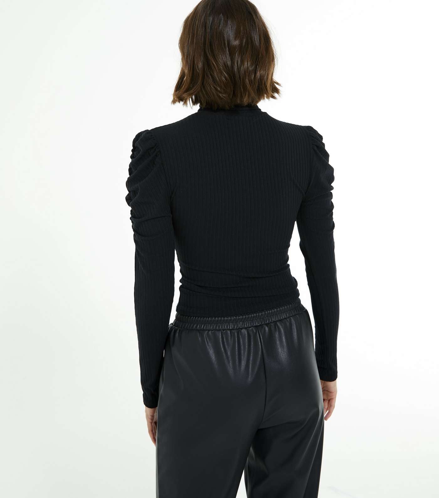 Black High Neck Puff Sleeve Ribbed Top Image 4