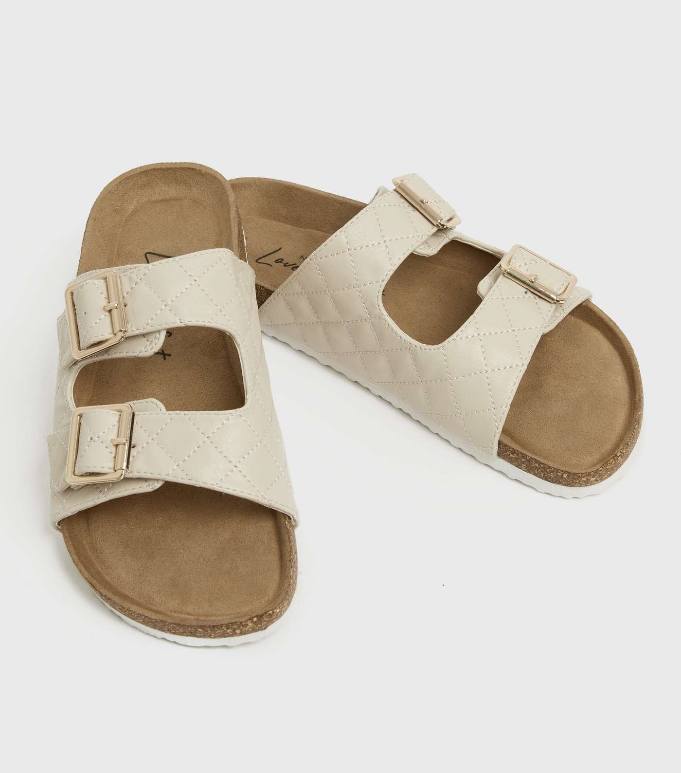 Girls Off White Quilted Buckle Strap Footbed Sliders Image 3