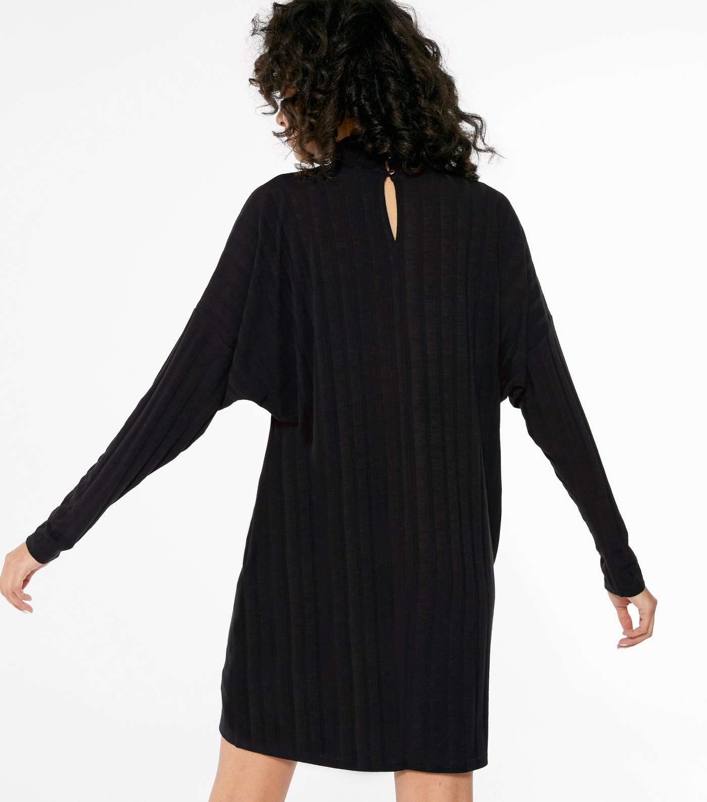 Black High Neck Ribbed Batwing Tunic Dress  Image 3