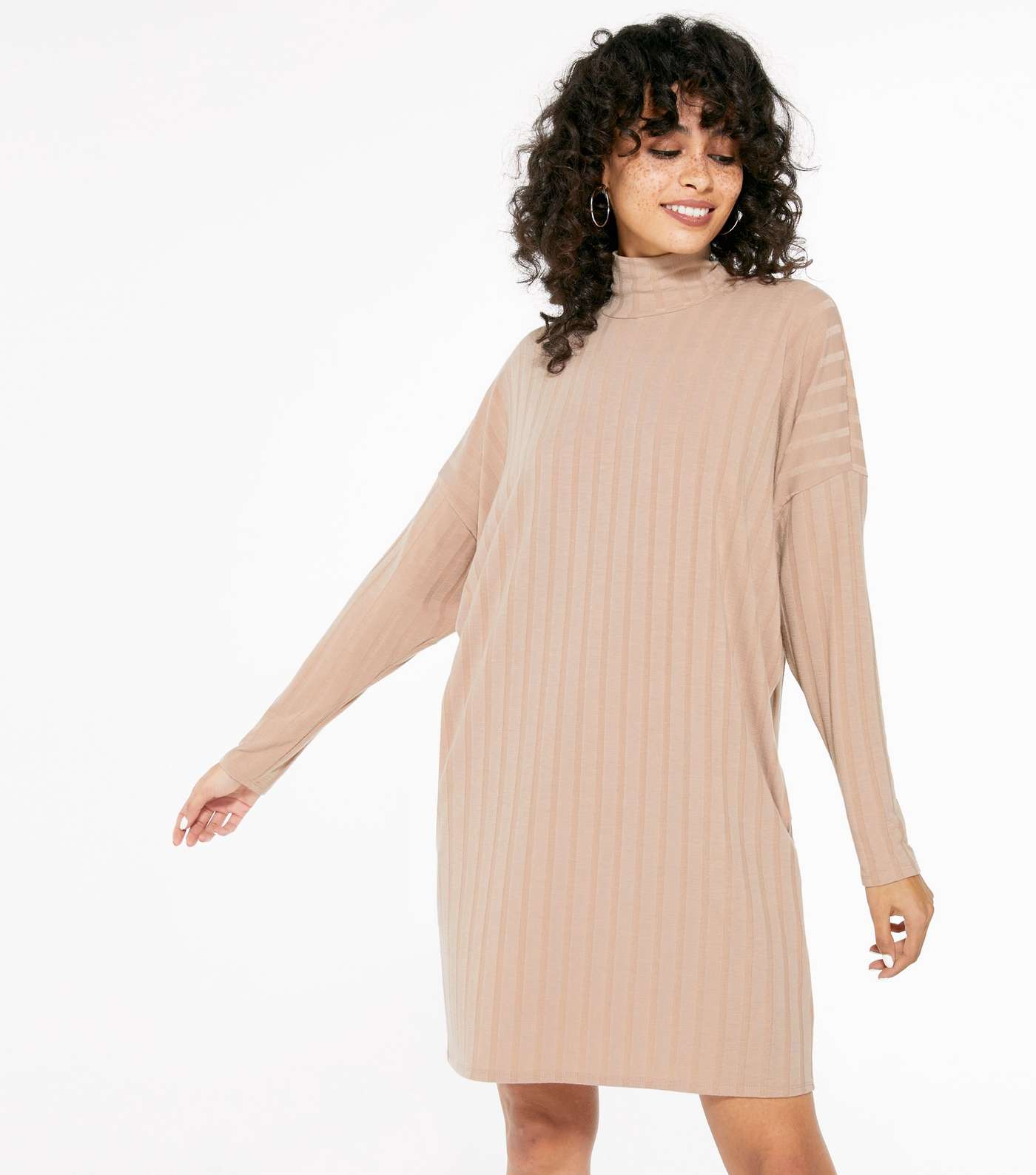 Mid Pink High Neck Ribbed Batwing Tunic Dress 