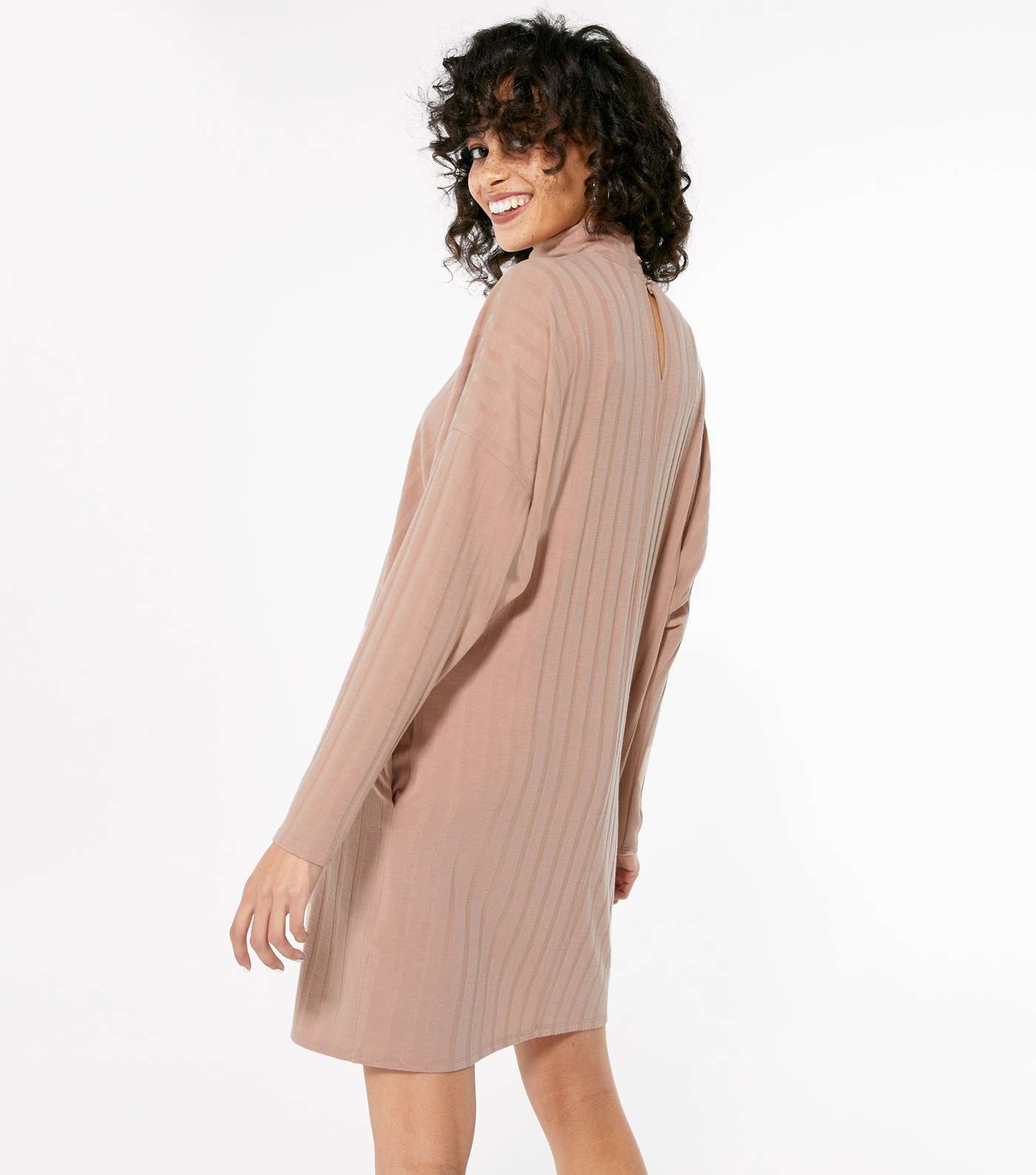 Mid Pink High Neck Ribbed Batwing Tunic Dress  Image 3