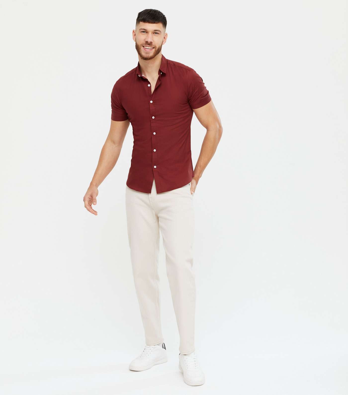 Burgundy Short Sleeve Muscle Fit Oxford Shirt Image 2