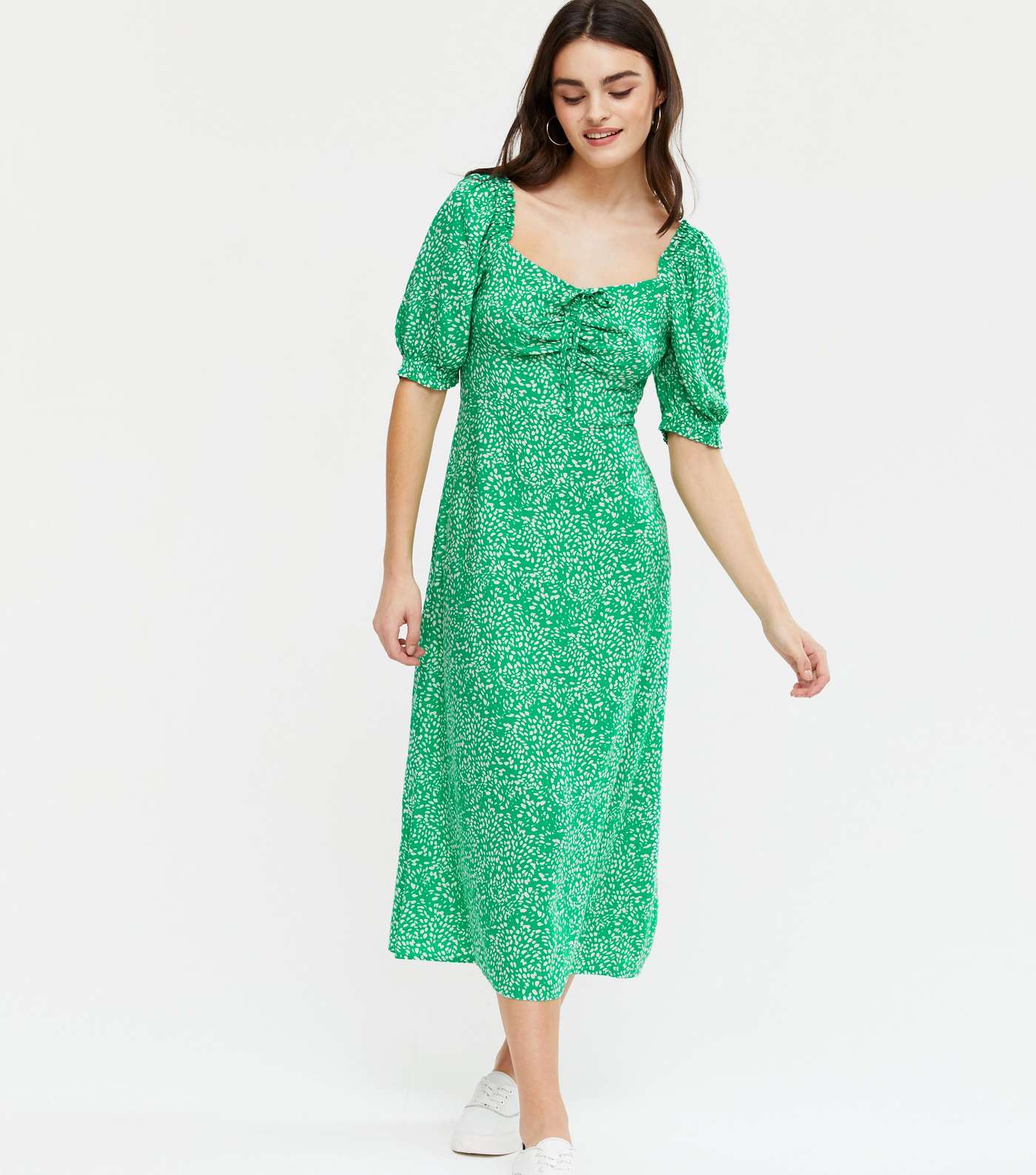 Green Animal Print Sweetheart Neck Midi Dress 