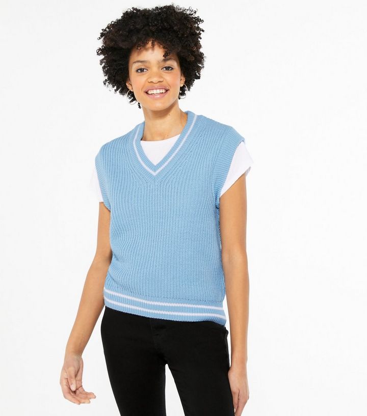 Blue Stripe Ribbed Knit Vest Jumper | New Look