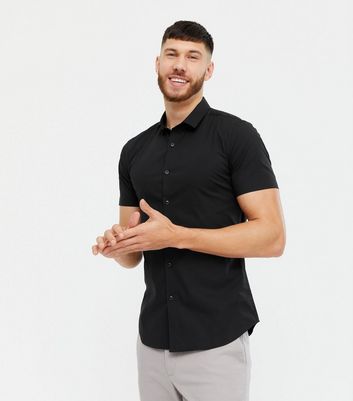 Black Poplin Short Sleeve Muscle Fit 