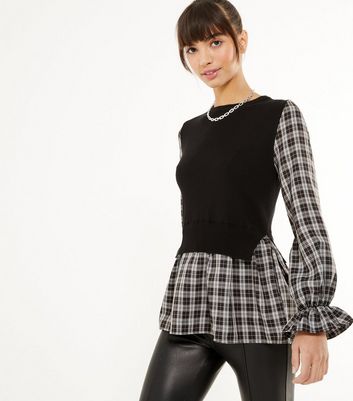 Black Check 2 in 1 Shirt Jumper | New Look