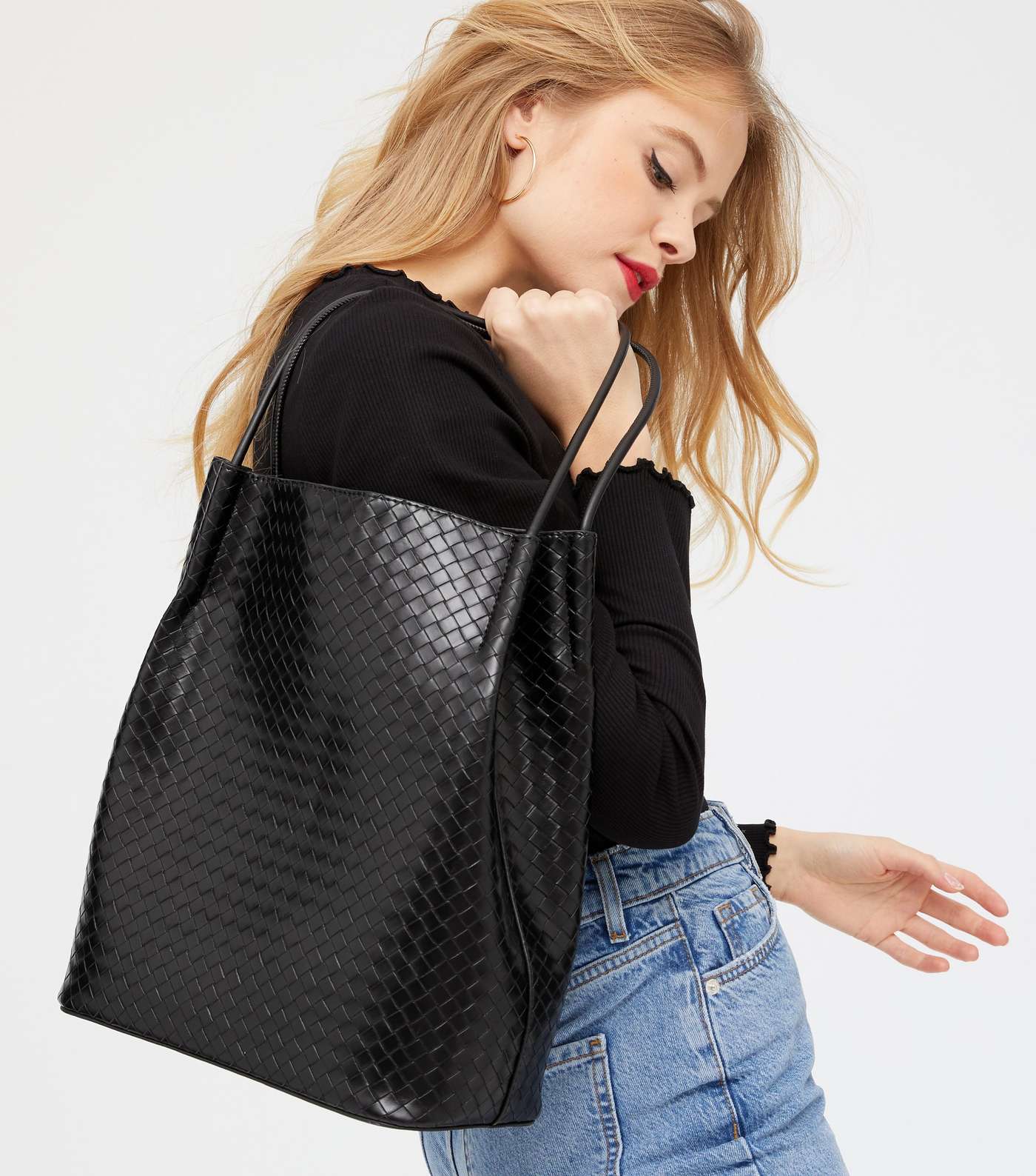 Black Leather-Look Woven Tote Bag Image 2