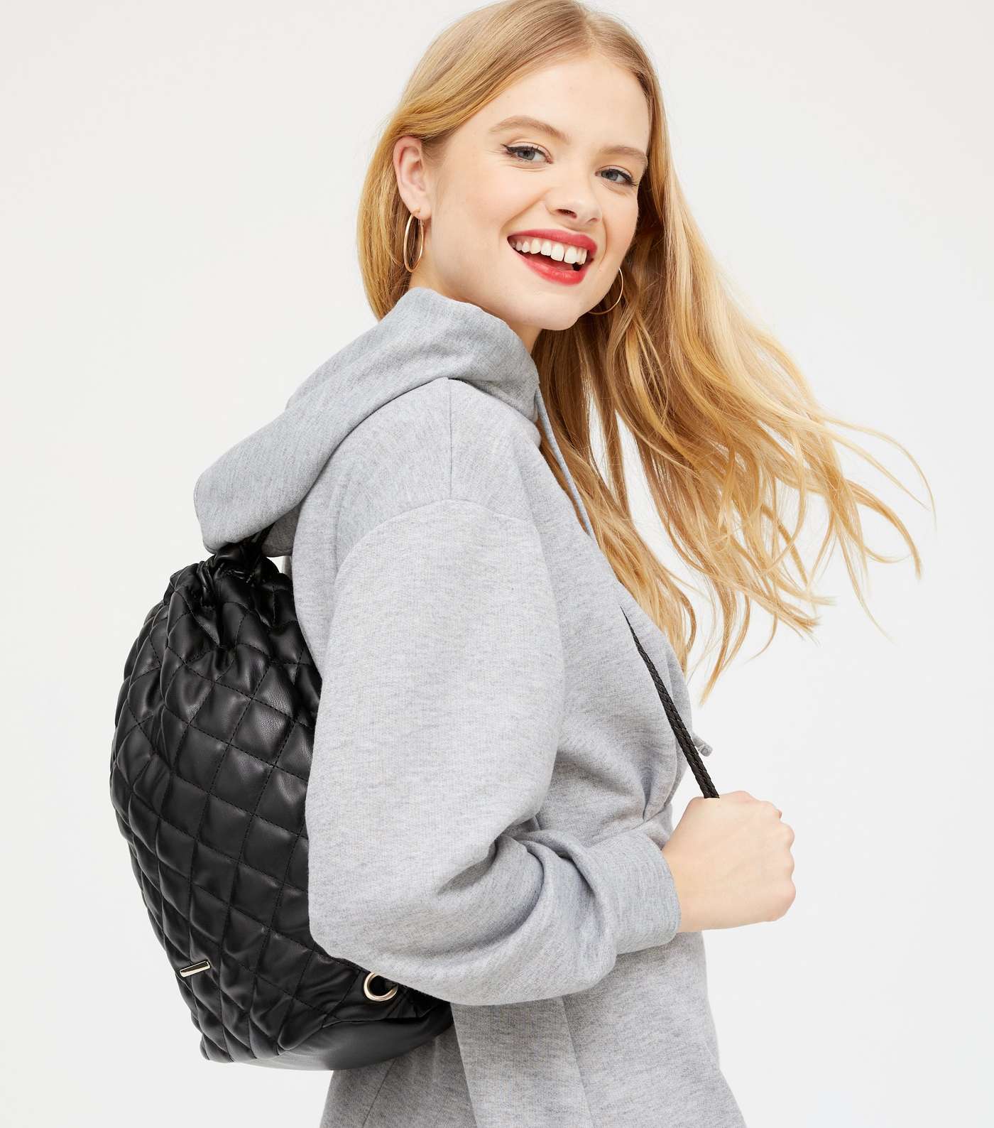 Black Leather-Look Quilted Drawstring Backpack Image 2