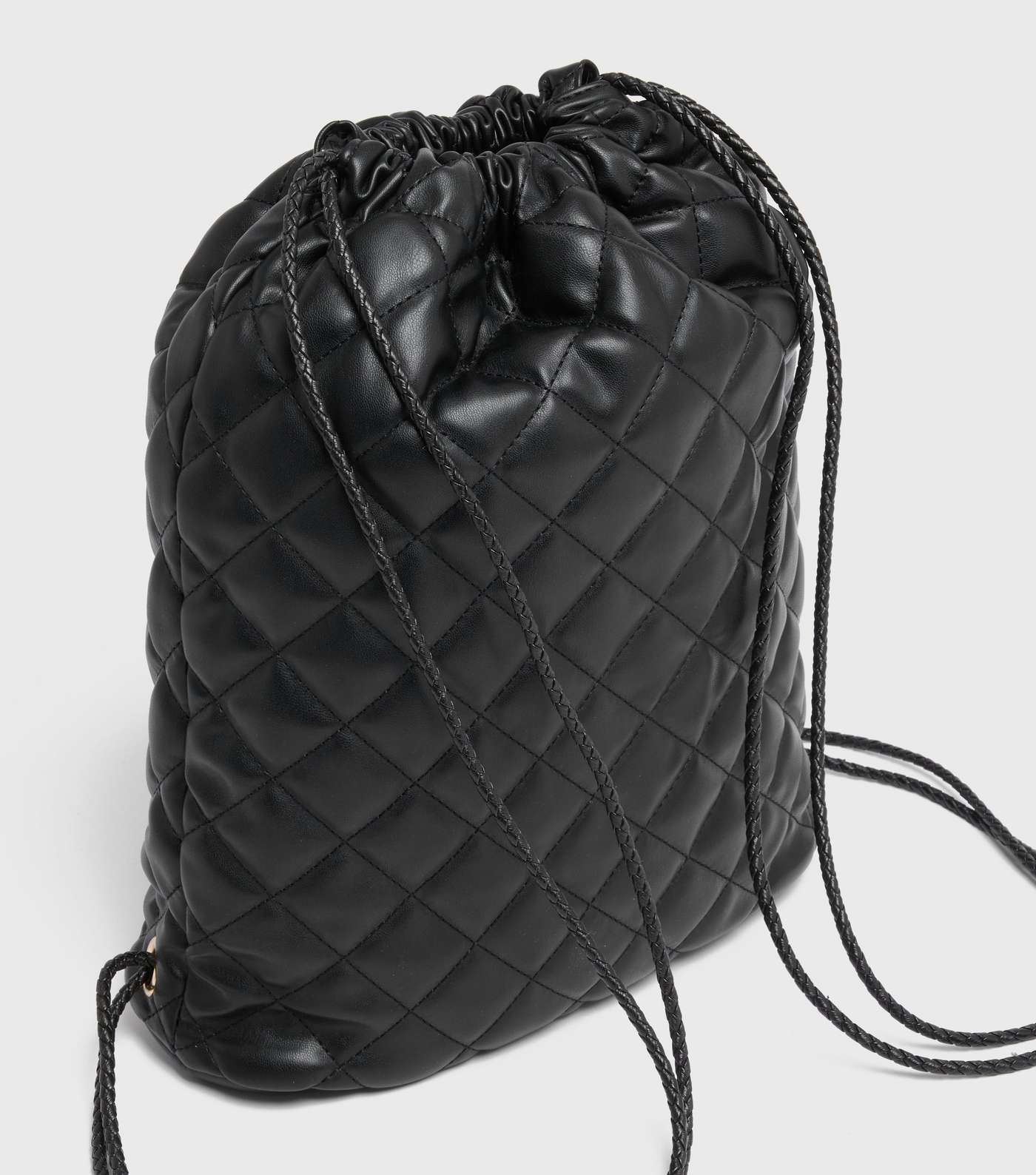 Black Leather-Look Quilted Drawstring Backpack Image 4