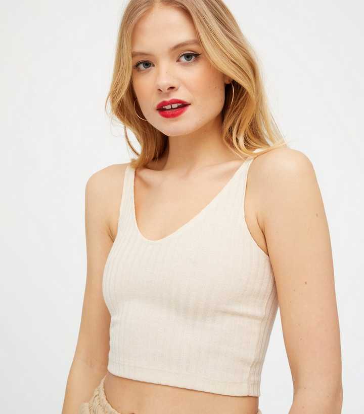 NA-KD Cream Ribbed Knit Crop Vest