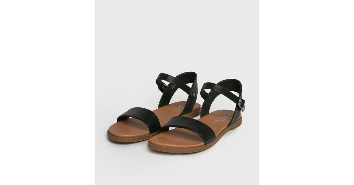 Black Leather-Look Flat Footbed Sandals | New Look