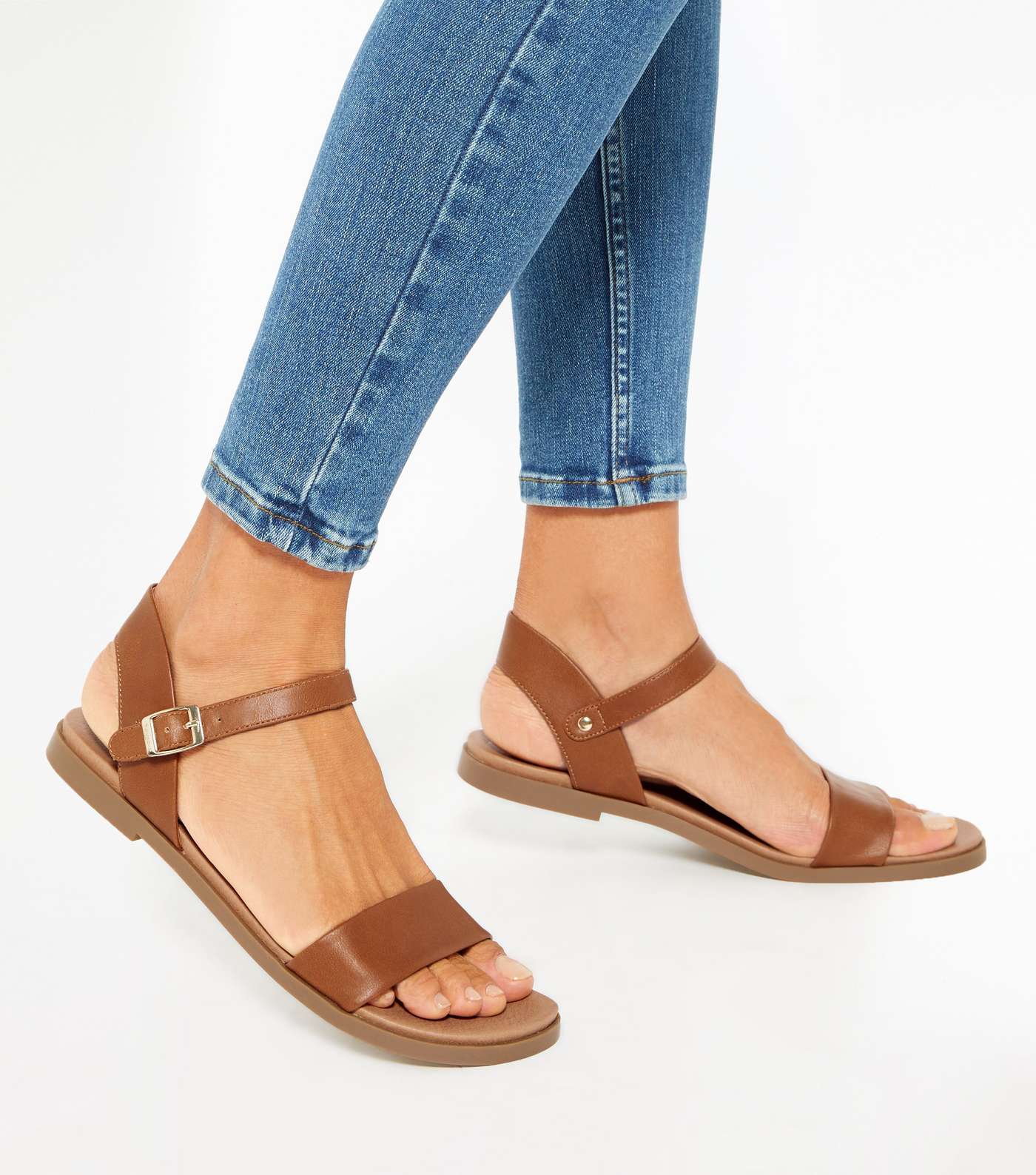 Tan Leather-Look Flat Footbed Sandals Image 2