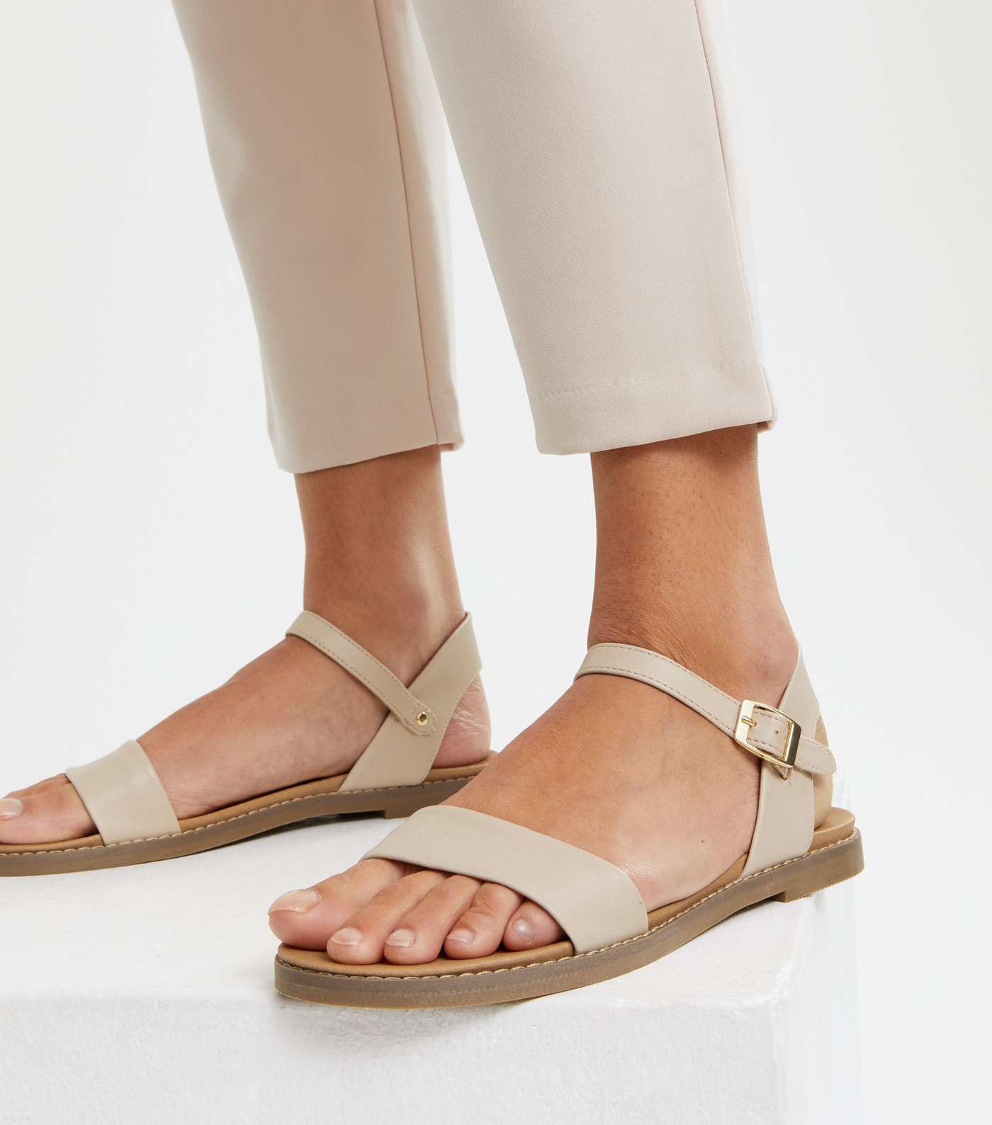 Cream Leather-Look Flat Footbed Sandals Image 2