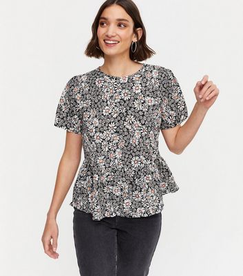 Black floral peplum top on sale