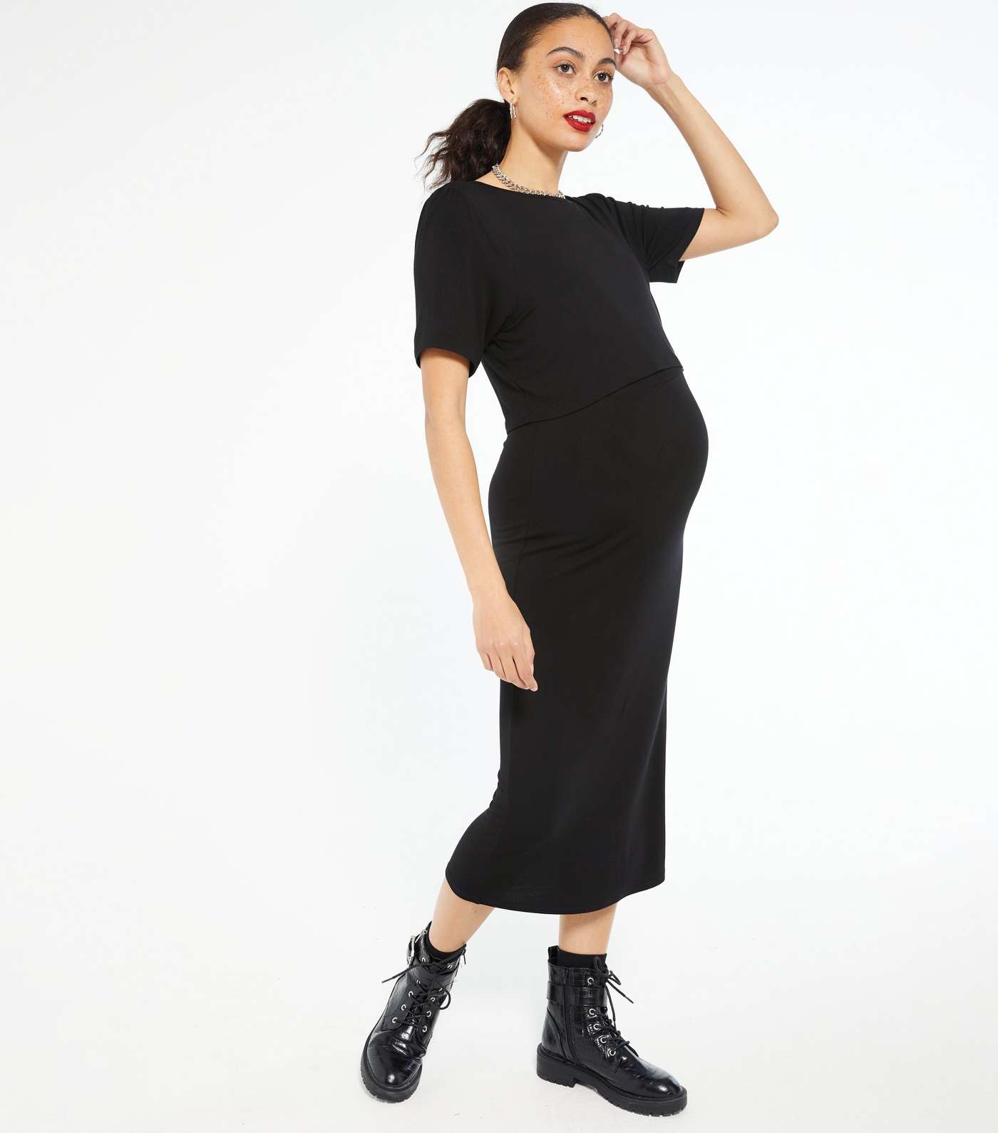 Maternity Black Puff Sleeve Nursing Dress