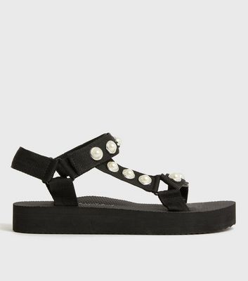 Black Faux Pearl Chunky Flatform Sandals New Look