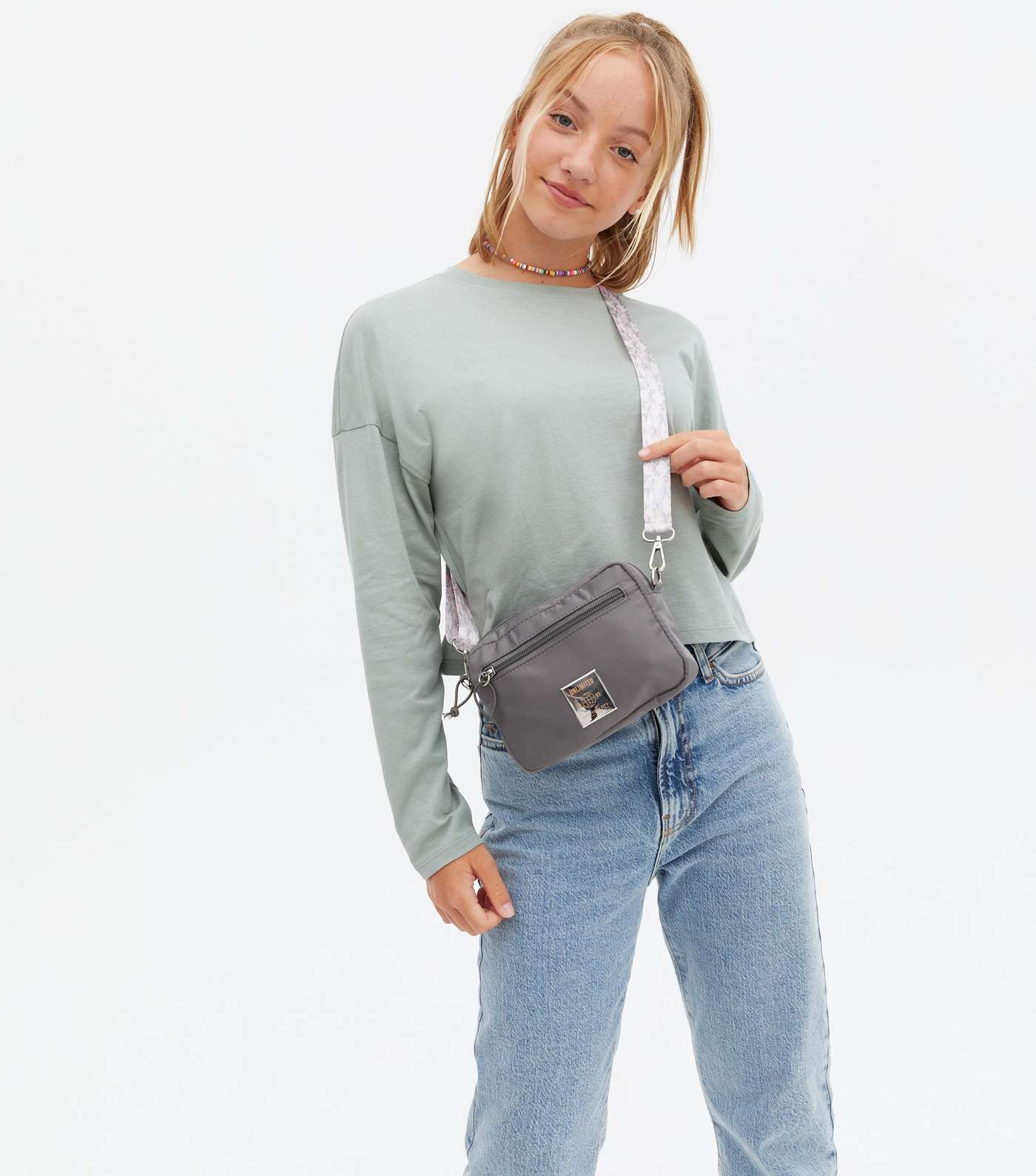 Girls Grey Tab Front Camo Strap Cross Body Bag Image 2