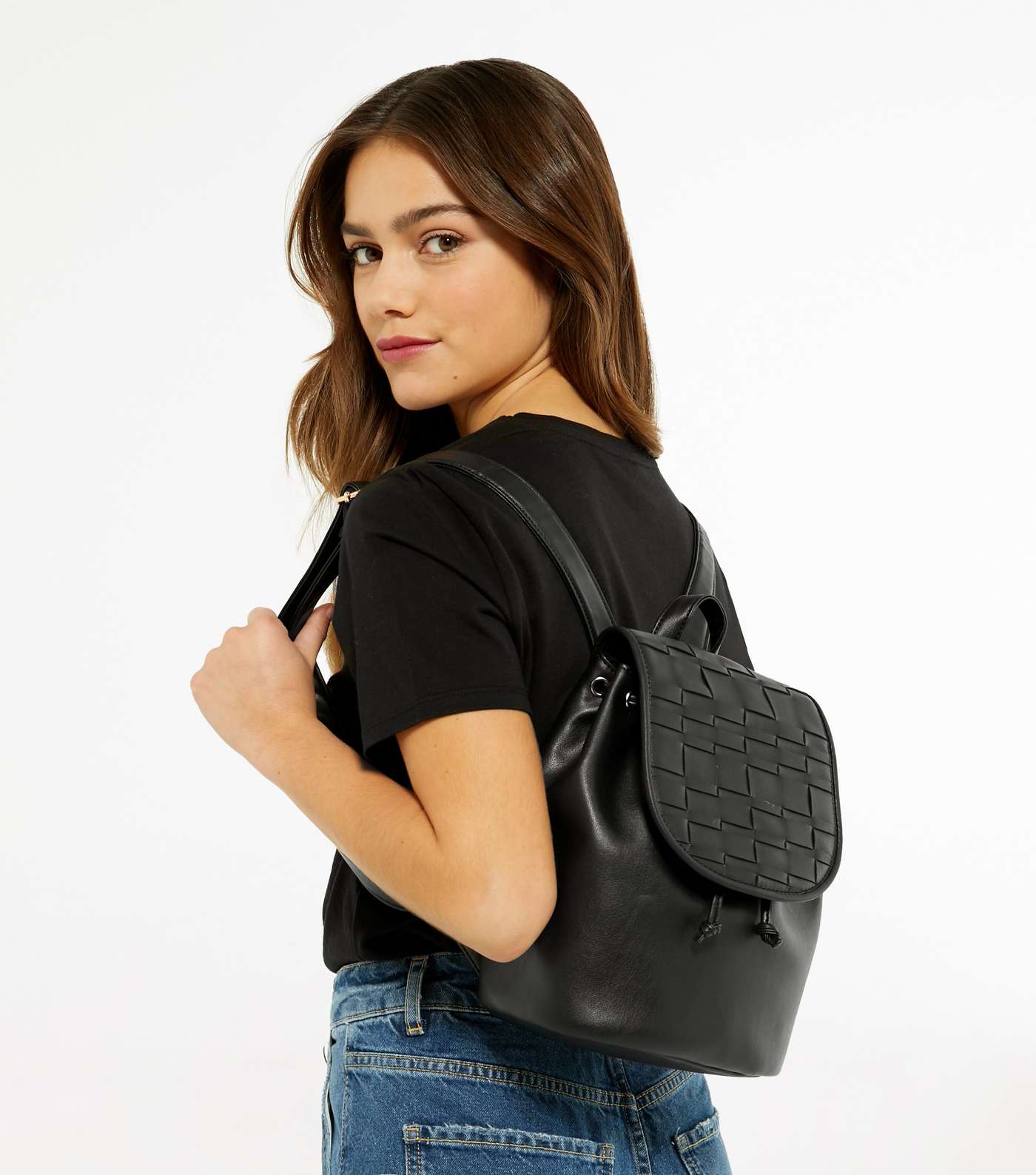 Black Leather-Look Woven Panel Backpack  Image 2