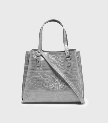 Grey Faux Croc Mini Tote Bag New Look