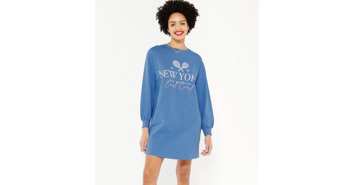 New Look NY slogan sweatshirt dress in blue