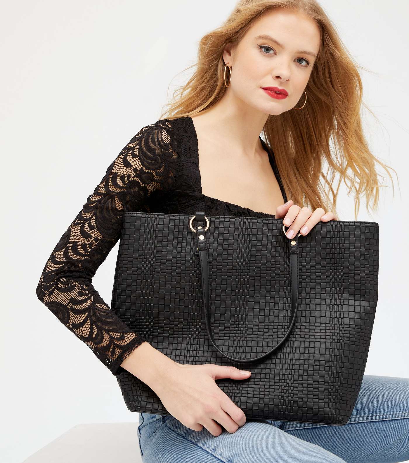 Black Leather-Look Woven Shopper Bag Image 2
