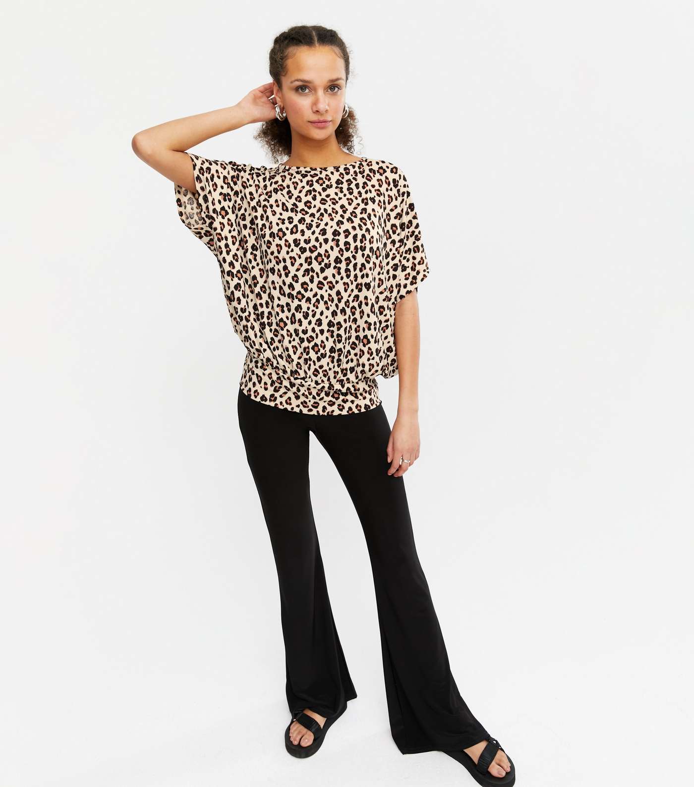 2 Pack Brown Leopard Print and Black Knit Batwing Tops  Image 2