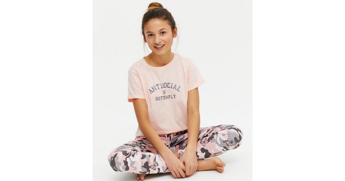 Girls Pink Antisocial Butterfly Camo Logo Jogger Pyjama Set