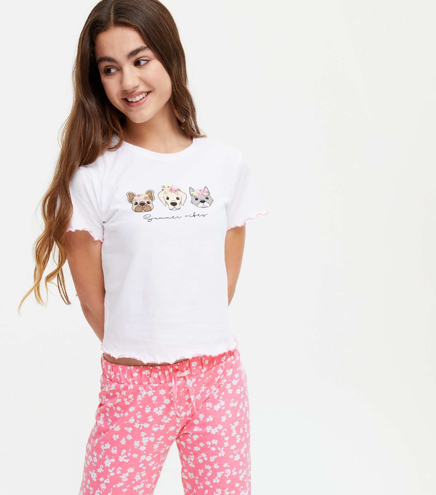 Girls White Dogs Summer Vibes Logo Jogger Pyjama Set Image 2