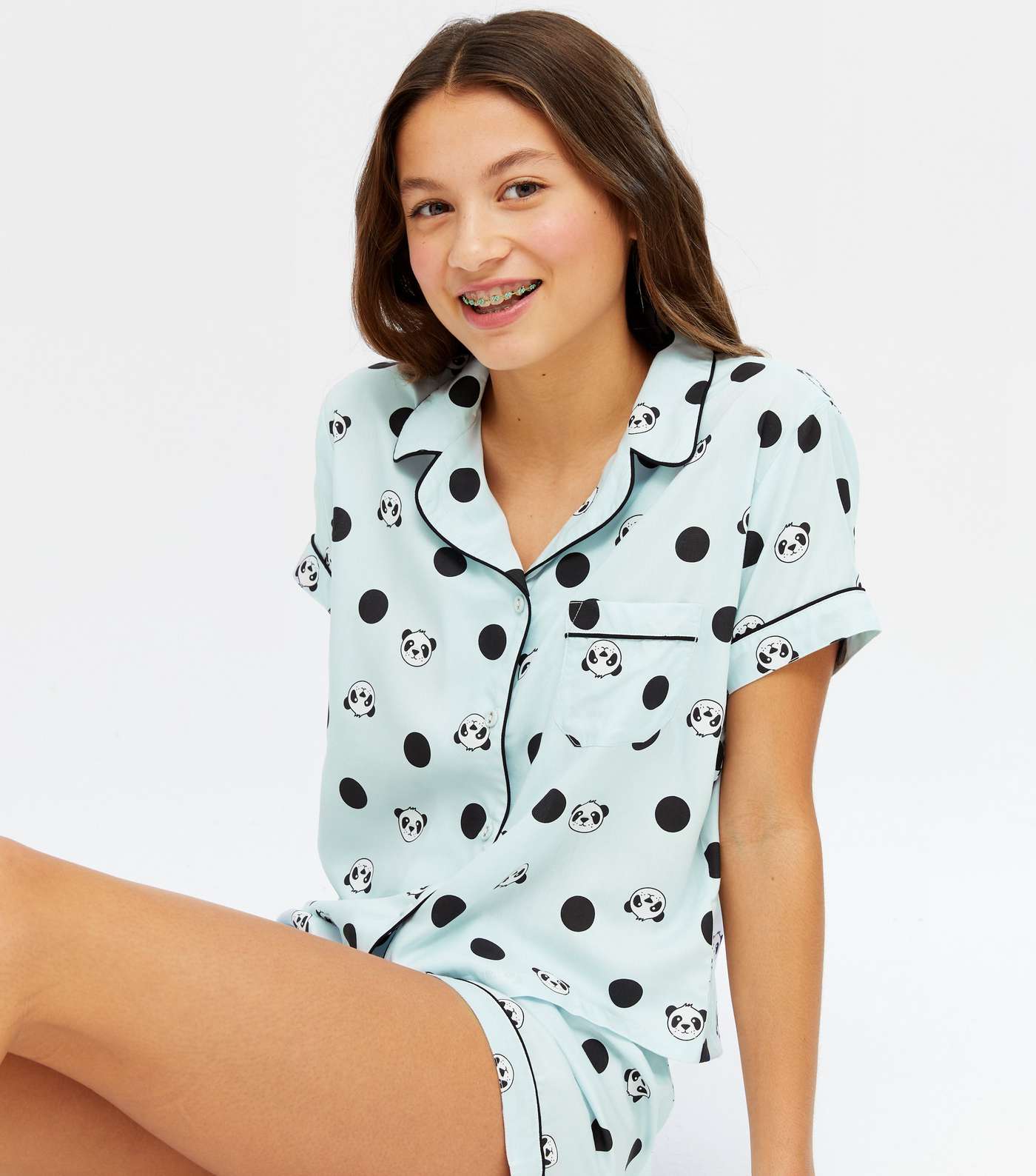 Girls Pale Blue Panda Spot Short Pyjama Set Image 2