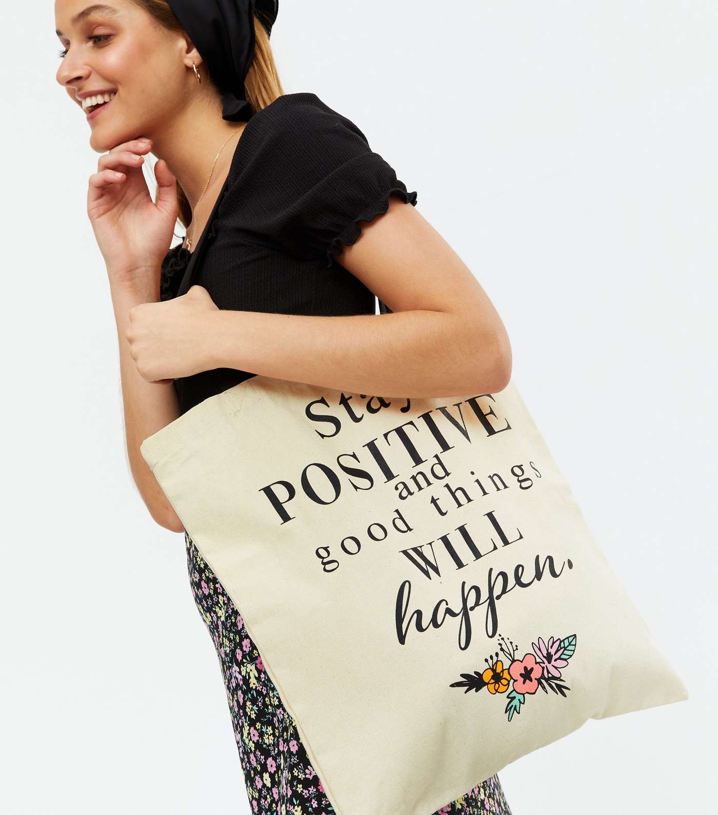 Cream Stay Positive Canvas Tote Bag Image 2