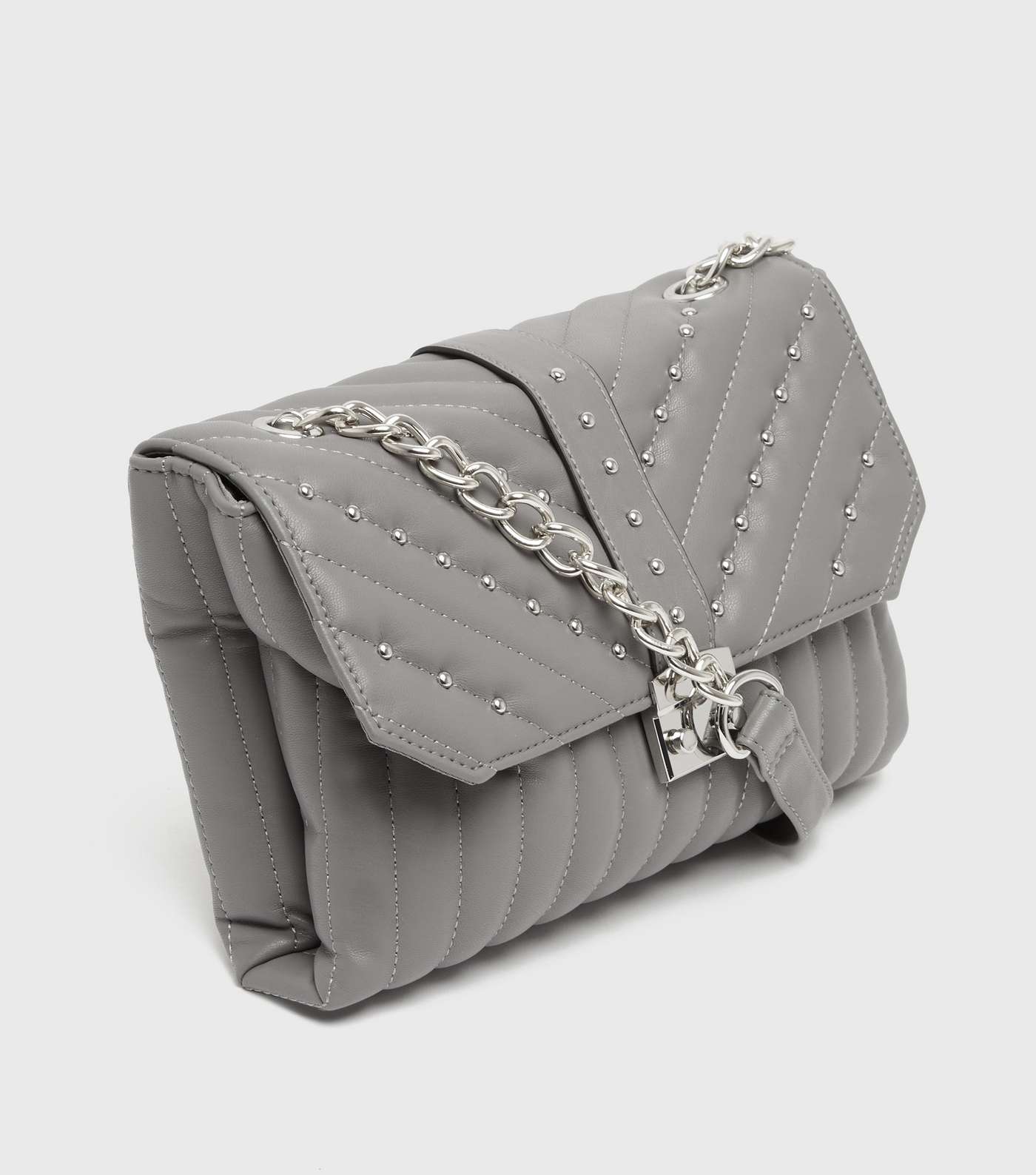 Grey Quilted Stud Embellished Cross Body Bag Image 4