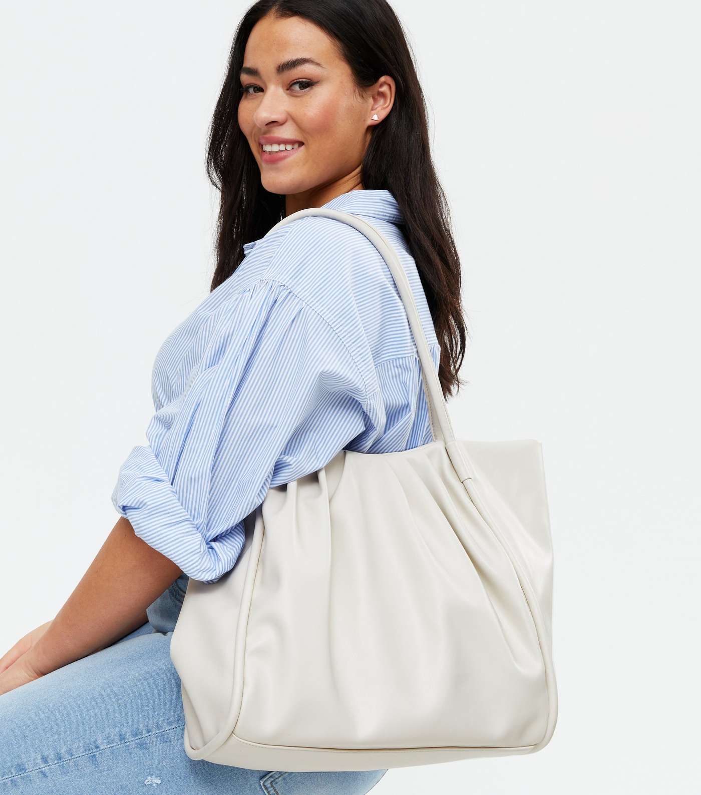 Cream Ruched Leather-Look Tote Bag Image 2