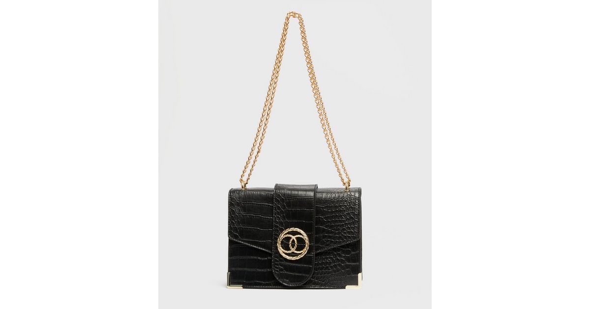 Black Faux Croc Chain Shoulder Bag | New Look