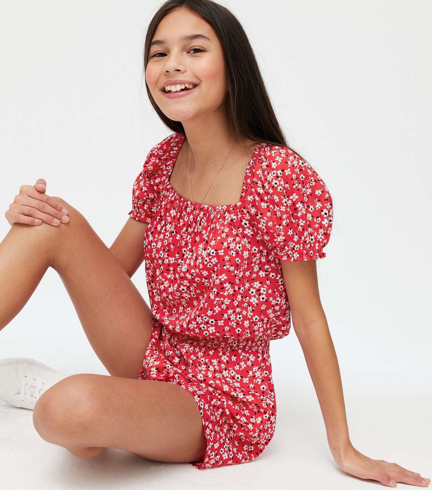 Girls Red Ditsy Floral Square Neck Playsuit Image 4