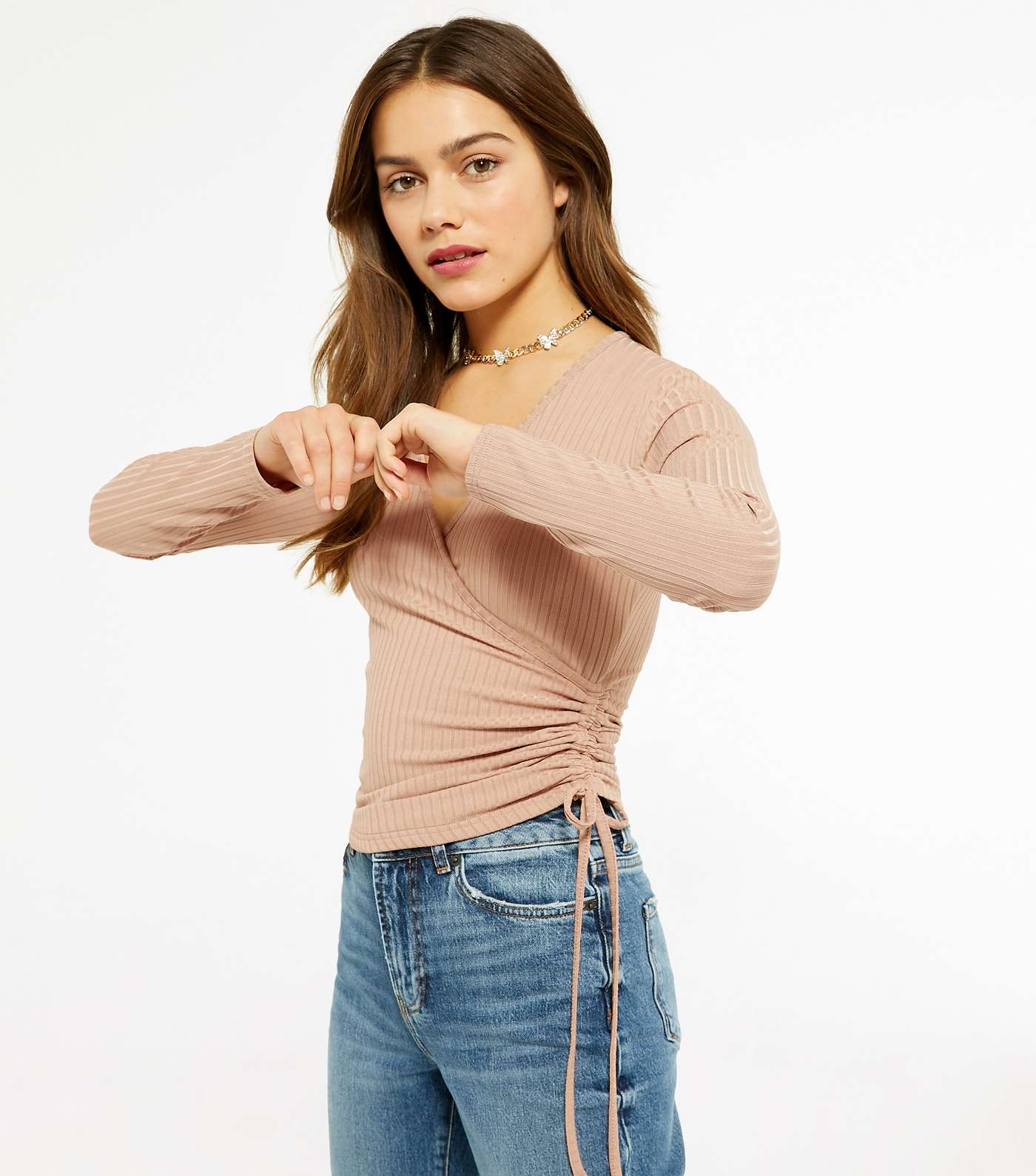 Petite Camel Ribbed Ruched Side Wrap Top