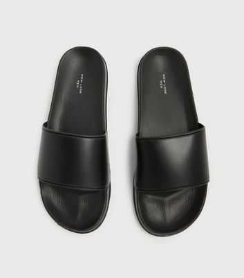 shop for Men's Black Leather-Look Sliders New Look at Shopo