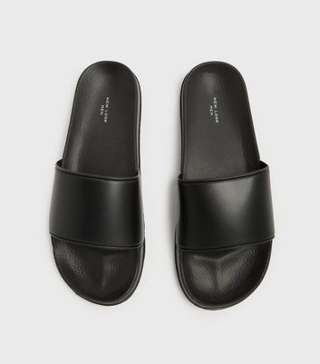 Black Leather Look Sliders New Look