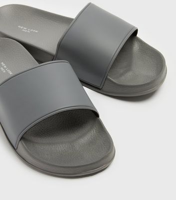 shop for Men's Pale Grey Leather-Look Sliders New Look at Shopo