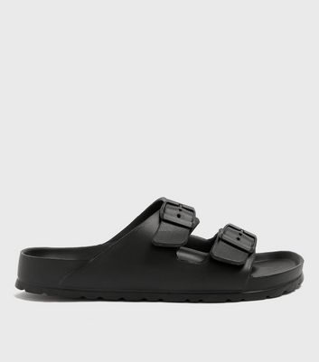 Black Double Buckle Strap Sliders New Look