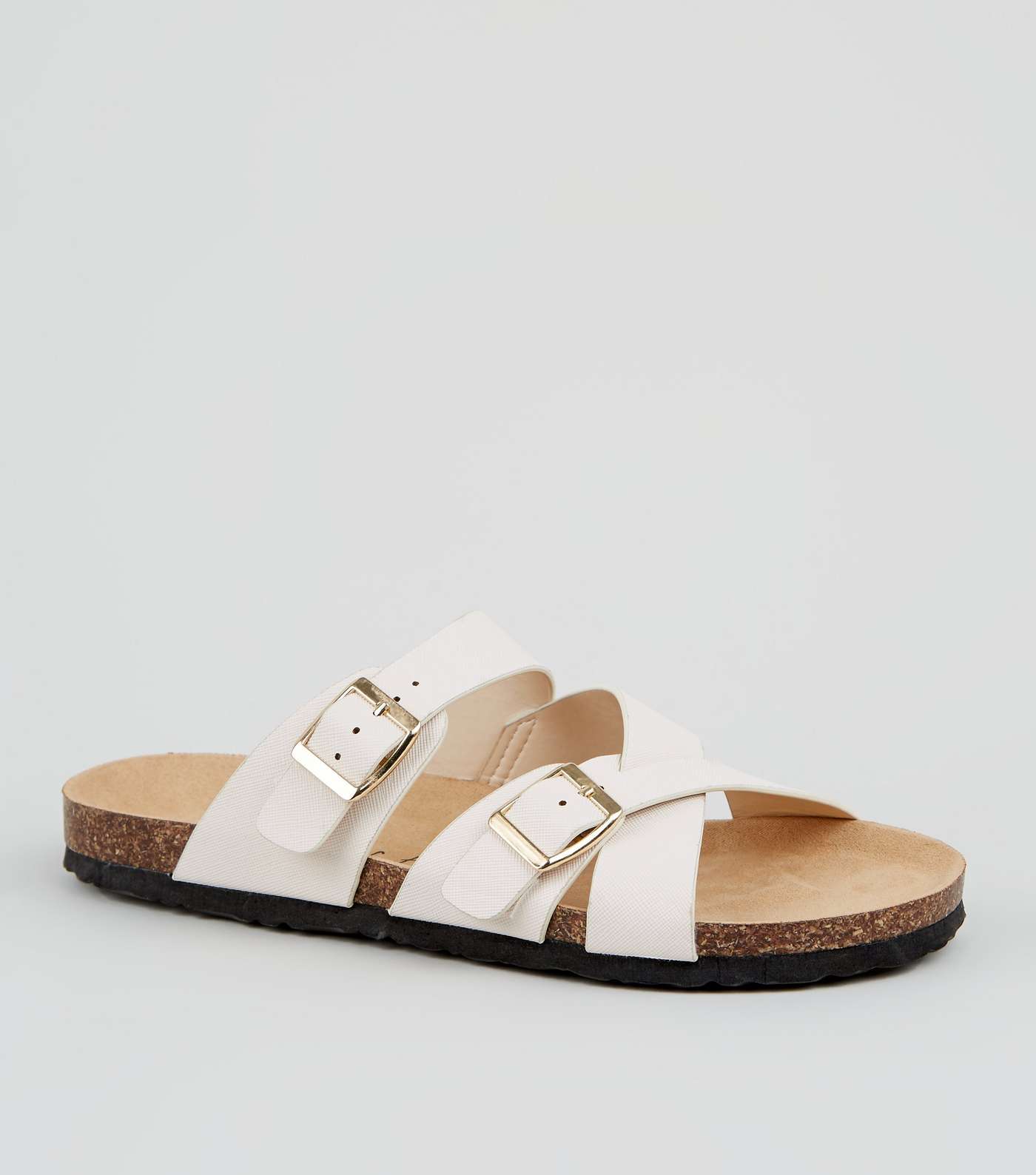 Wide Fit Off White Cross Strap Buckle Footbed Sliders