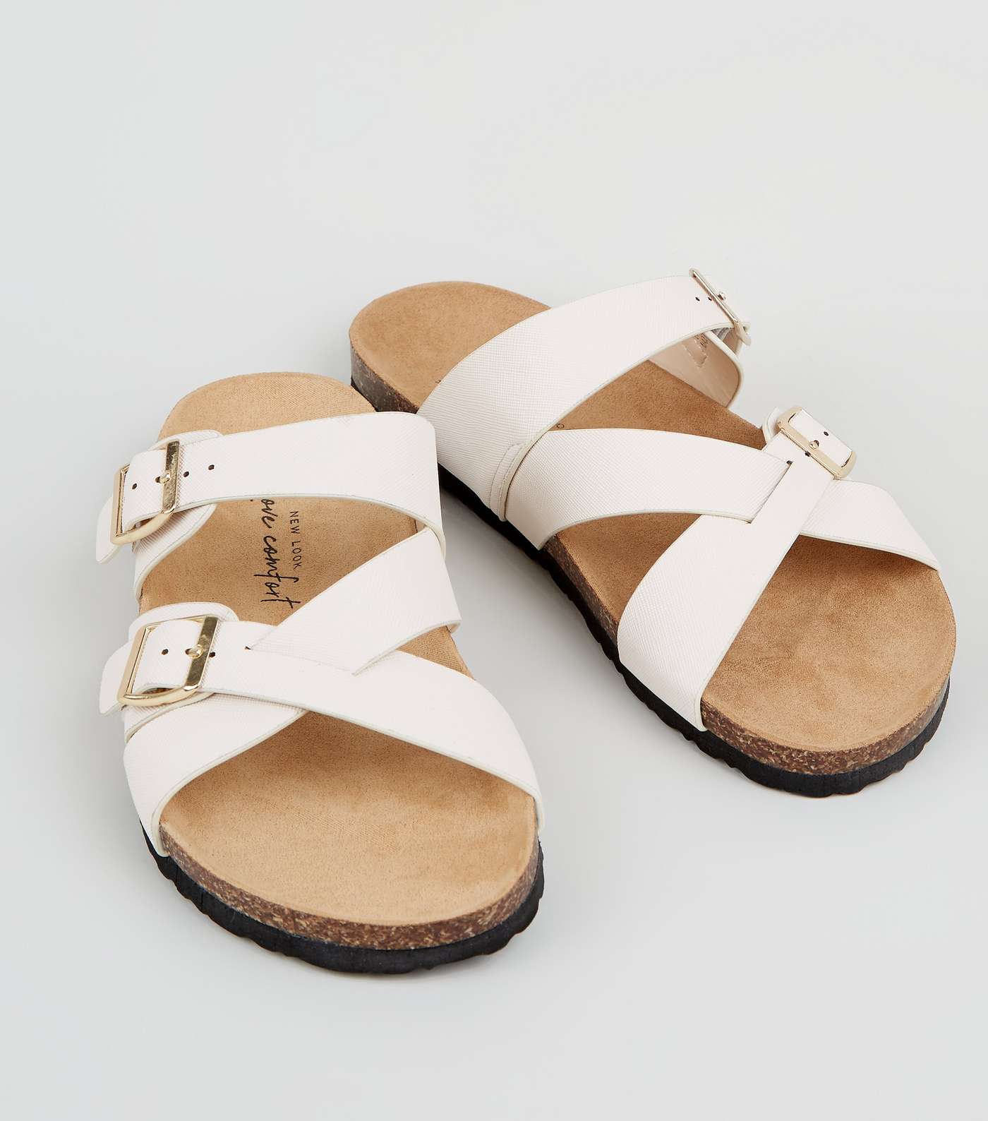 Wide Fit Off White Cross Strap Buckle Footbed Sliders Image 3