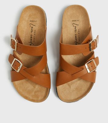 tan cross strap sliders