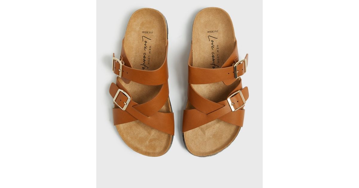Wide Fit Tan Cross Strap Buckle Footbed Sliders New Look